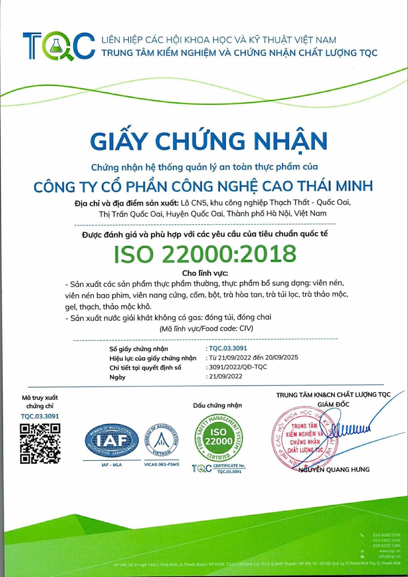 giấy chứng nhận an toàn thực phẩm